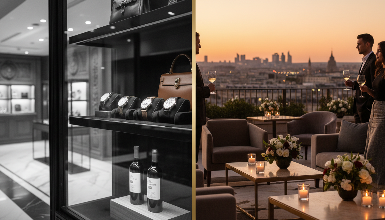 Contraste entre luxe traditionnel et luxe expérientiel : vitrine de montres de luxe versus événement VIP exclusif symbolisant la nouvelle économie des expériences chez les ultra-riches